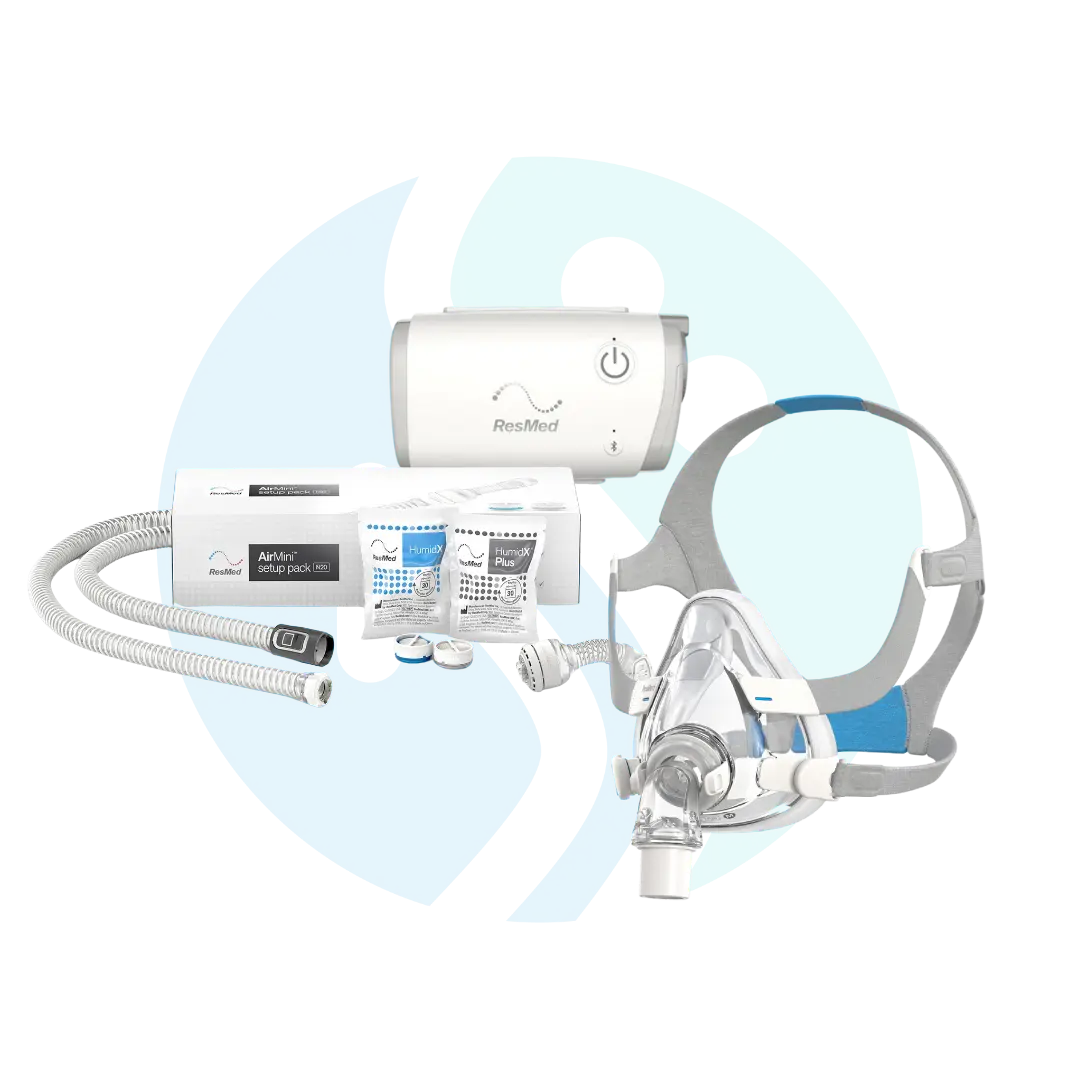 Pack CPAP Resmed AirMini + Setup Pack Mascarilla Oronasal F20 Pack CPAP Resmed AirMini + Setup Pack Mascarilla Oronasal F20